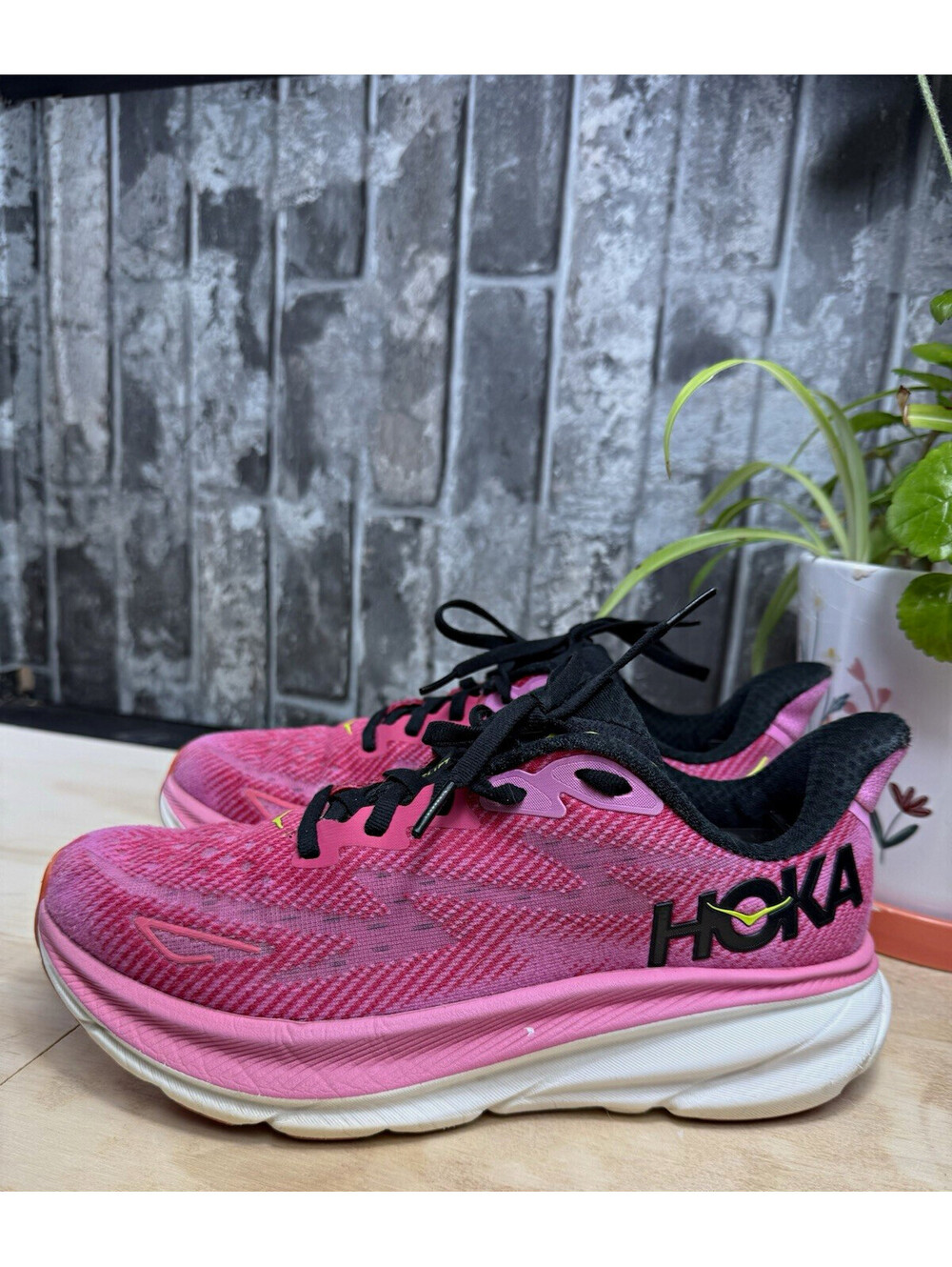 HOKA Clifton 9 Men's Pink/Black/White/Orange Low Top Lace-Up Running Sneaker